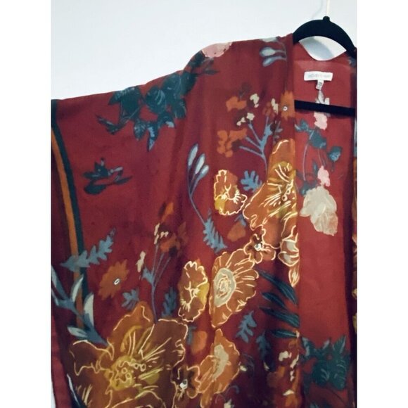 Woven Heart Kimono Top Womens One Size Red Floral Gold Metallic Fringe Boho - Picture 3 of 9